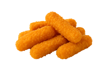 Crispy golden fish sticks presented in a small pile on transparent background