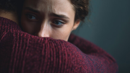 A woman is hugging a man in a red sweater