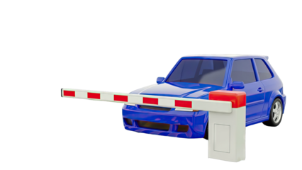 Blue car stopped by a barrier gate