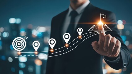 Business and Project Roadmap Concept. Touching on virtual screen with roadmap overlay representing steps in a project or strategic planning process. Waypoint icons and ends with goal achievement.