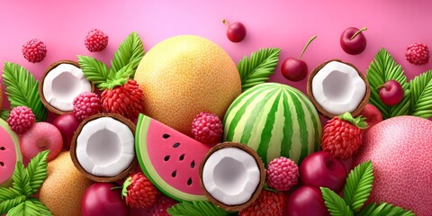 Colorful Tropical Fruit Flat Lay with Ripe Melons, Berries, and Coconut Elements