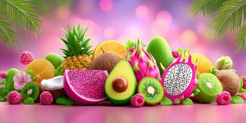 Vibrant Tropical Fruit Composition with Avocado, Dragon Fruit, and Exotic Variety