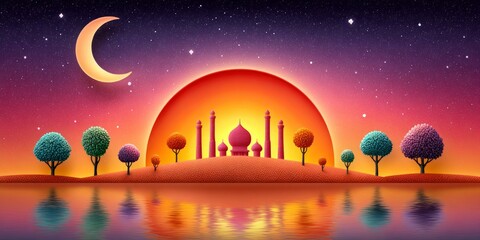 Beautiful Ramadan Greeting Card with Mosque Silhouette Against Colorful Sunset