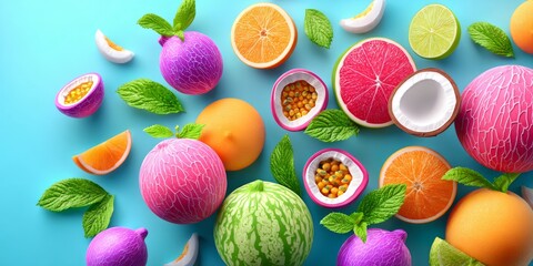 Colorful Tropical Fruits Arrangement with Leaves on a Bright Blue Background