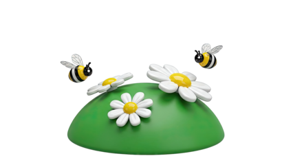 Cartoon bees flying around daisies on a green hill