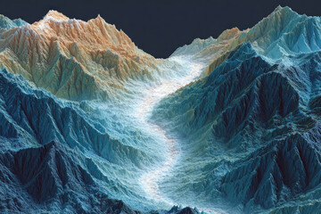An abstract mountain landscape with pronounced relief, reminiscent of a digital topographic model or a fantasy ice valley.  