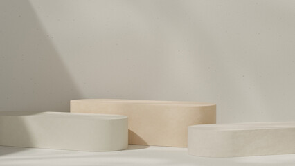 Minimal beige 3D background featuring clean rounded podiums with soft lighting and neutral tones. Professionally rendered using 3D software, ideal for cosmetic advertising, skincare branding, product 