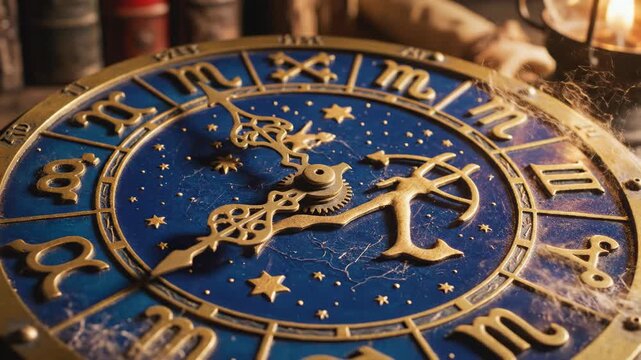 Astrological clock with zodiac signs and celestial details