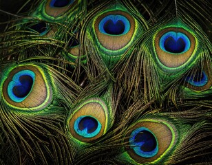 Fototapeta premium Close-up shot of vibrant, colorful feathers with distinctive eye-like patterns