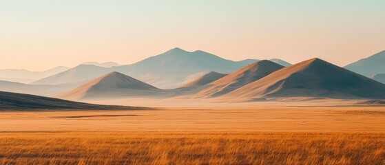 Hilly landscape with dry grass in the foreground. Several mountains are visible in the background. AI.