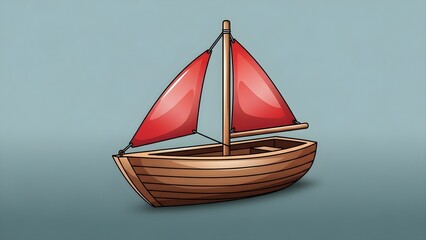 Charming wooden sailboat with red sails on calm waters
