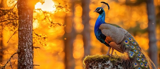 A peacock with blue neck plumage stands on a mossy rock surrounded by trees. AI.