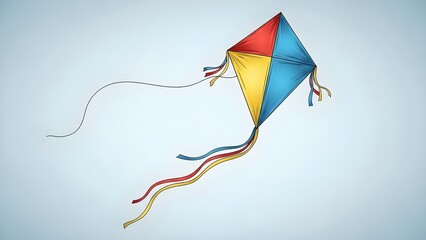 Vibrant kite soaring through clear blue sky with colorful streamers
