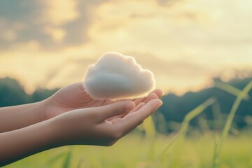 Hands hold a small cloud in an outdoor setting with grass and a cloudy sky in the background. AI.