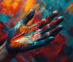 An arm extends, with the hand covered in bright blue, orange and red paint. The background is out of focus with similar colors. AI.