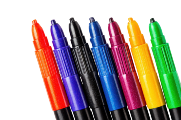 Seven Transparent Colorful Marker Pens With Vibrant Ink Tips On Black Background markers