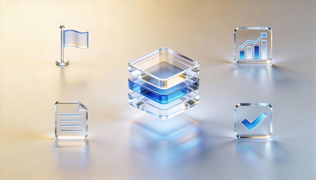 futuristic data management concept with glowing 3d glass icons representing project milestones financial growth document storage and task completion in a modern digital workspace