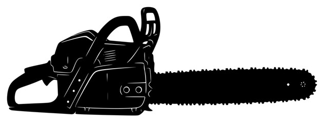 a black and white illustration of a chainsaw, black, chainsaw, illustration, silhouette, against transparent background