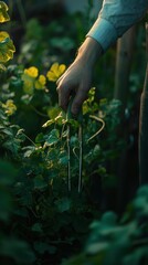 A hand holds garden tongs among plants with green leaves. AI.