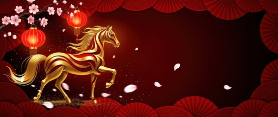 luxury chinese new year 2026 banner with golden horse and festive red elements