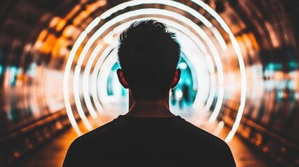 Back of a man's head is silhouetted against a tunnel of concentric, glowing rings. AI.