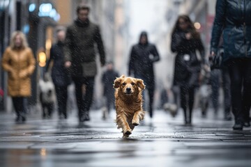 Dog runs towards camera in the rain. People walk behind on a wet street. AI.