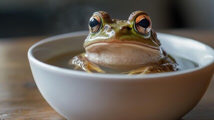 A green frog is in a white bowl filled with water. The frog is looking at the camera. AI.
