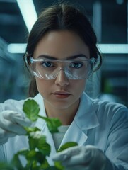 Woman in lab coat and safety glasses examines a plant with gloved hands. AI.