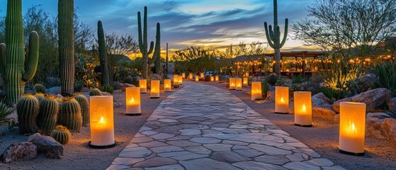 A stone pathway is illuminated by candle lanterns and cacti in a desert landscape at twilight. AI.