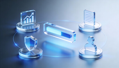 futuristic digital project management concept with 3d glass icons for progress bar data analytics security shield and user profile on a glowing circular network platform