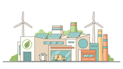 Sustainable industrial factory using solar panels wind turbines and electric truck for clean energy smart logistics and net zero manufacturing concept