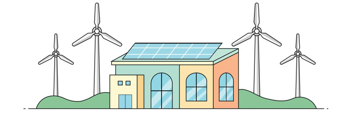 Sustainable eco house using solar panels and wind turbines for clean renewable power and green living concept in flat vector illustration