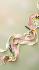 Pastel Green Floral Ribbon Background with Copy Space