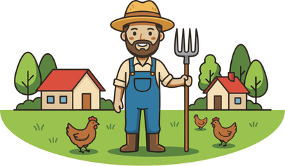 Happy cartoon farmer holding a pitchfork standing in a rural farm landscape with chickens and houses, vector illustration.