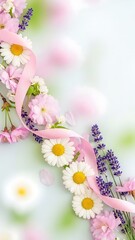Vertical Floral Border with Pink Ribbon Spring Background