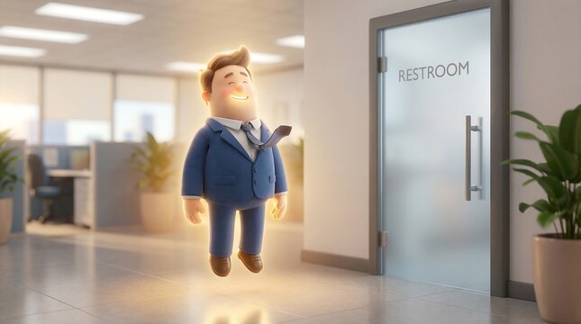 Whimsical 3D office worker character floating with relief exiting restroom, funny business concept of satisfaction