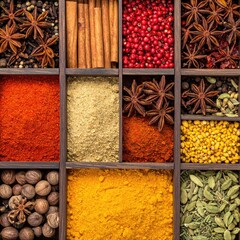 Close-up of a wooden spice box filled with various colorful spices