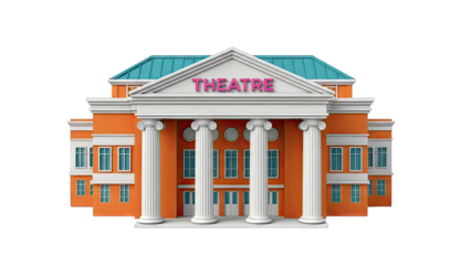 Stylized Theatre Building with Ionic Columns and Turquoise Roof