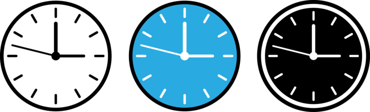Minimalist clock collection in white, blue, and black