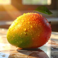 Fresh Mango With Leaf And Water Drops
