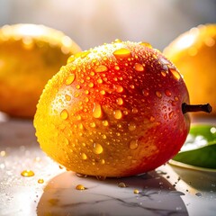 Ripe Mango With Water Drops On Table
