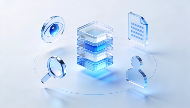 3d glass icons representing multilayer data storage database architecture visual monitoring search engine optimization document management and user profile analytics