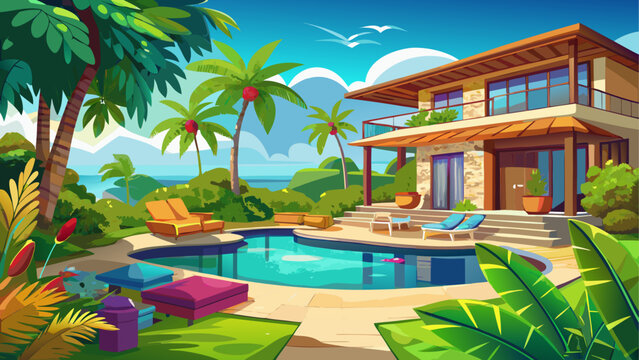 Luxury island villa backyard with private pool and tropical garden near beach - Powered by Adobe