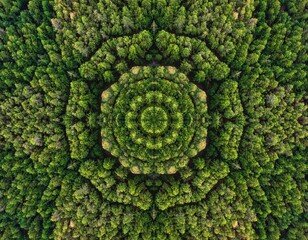 Overhead shot of symmetrical green trees creating a kaleidoscope design