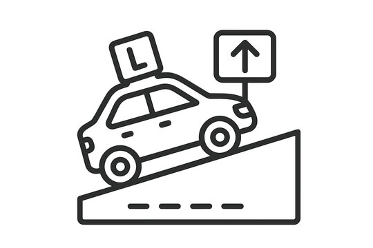 Driving school vehicle with learner plate ascending a steep road incline