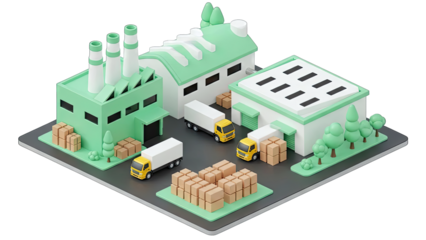 3D Isometric Industrial Factory with Trucks and Cargo