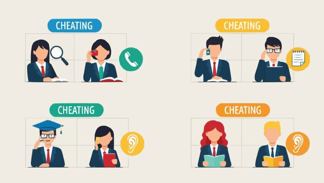 Business people caught cheating in different scenarios illustration.
