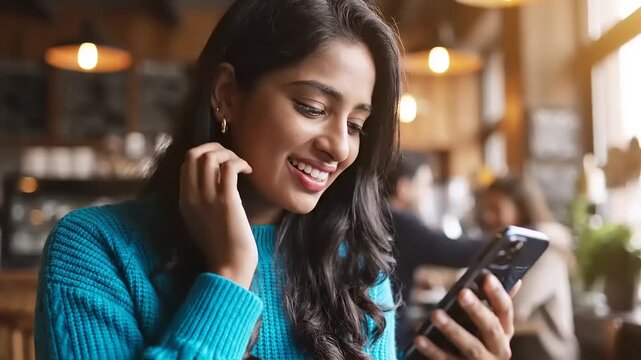 Young woman smiling while using smartphone in a cozy caf? with warm lighting and background chatter