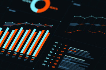Data visualization market share and growth trends, blue orange financial bar charts line graphs donut chart isometric selective focus dark theme