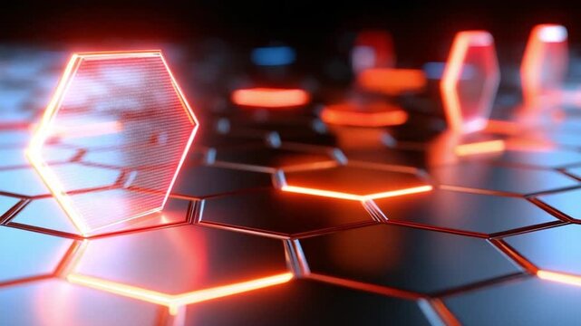Abstract digital firewall forming a luminous barrier against hostile data waves, red and blue neon glow, cybersecurity protection concept, cinematic atmosphere, clean futuristic composition